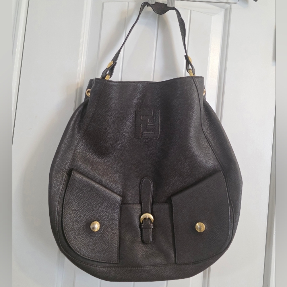 Authentic Fendi Brown Leather Shoulder Bag FF Logo Large Hobo Clean Interior